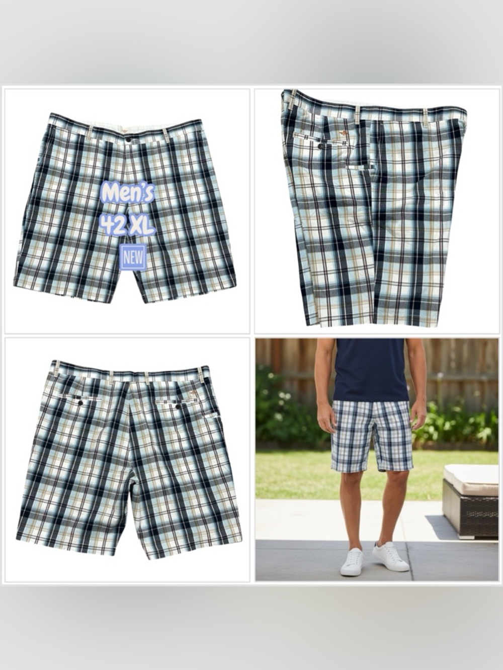 Men's Levi’s Dockers 42 XL Shorts Plaid Blue Chino Khaki Casual Classic Fit NWOT